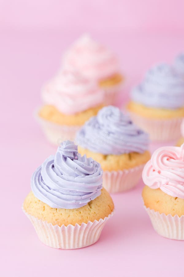 Magdalenas con el buttercream violeta y rosado blando que se coloca en fondo del rosa en colores pastel imágenes de archivo libres de regalías Magdalenas con el buttercream violeta y rosado blando que se coloca en fondo del rosa en colores pastel imágenes de archivo libres de regalías