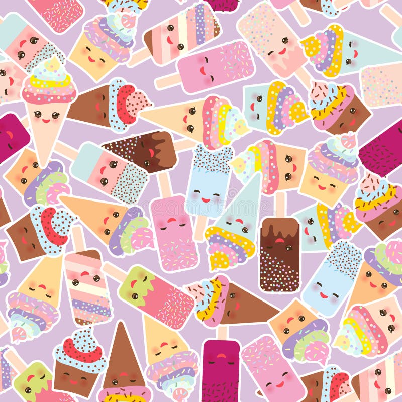 Magdalenas inconsútiles del modelo con la crema, helado en los conos de la galleta, polo de hielo Kawaii con las mejillas rosadas ilustración del vector Magdalenas inconsútiles del modelo con la crema, helado en los conos de la galleta, polo de hielo Kawaii con las mejillas rosadas ilustración del vector