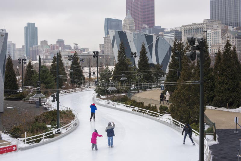 January 27, 2020 - Chicago, IL, USA:  Maggie Daley Park Ice Skating Ribbon is a seasonal public ice skating surface in the Maggie Daley Park section of Grant Park in the Loop community area of Chicago. January 27, 2020 - Chicago, IL, USA:  Maggie Daley Park Ice Skating Ribbon is a seasonal public ice skating surface in the Maggie Daley Park section of Grant Park in the Loop community area of Chicago.