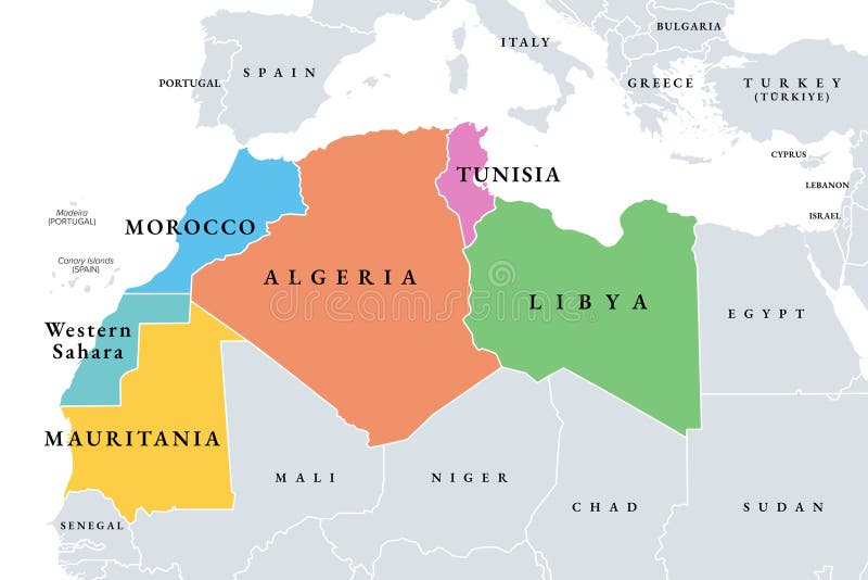 Maghreb, Arab Maghreb, or Northwest Africa, colored political map vector illustration