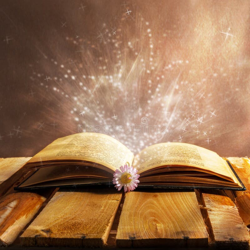 Open magic book on wooden background. Open magic book on wooden background