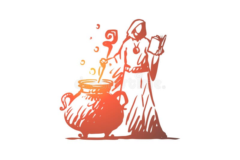Magia, hechicero, brebaje, concepto de la poción Vector aislado dibujado mano stock de ilustración Magia, hechicero, brebaje, concepto de la poción Vector aislado dibujado mano stock de ilustración