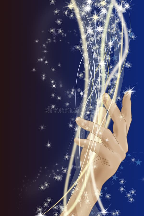 The wizard touches a hand of a string from light. Black white wizard illustrations