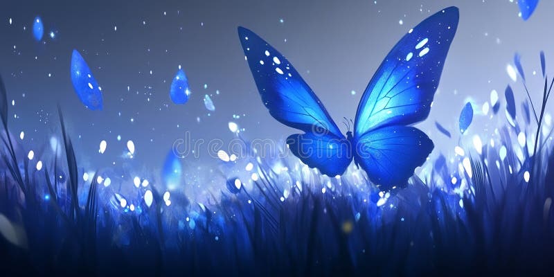 Magic albastru fluture în luminos câmp fantezie artă ilustrație aripi imagine zână lumina flora vector illustration
