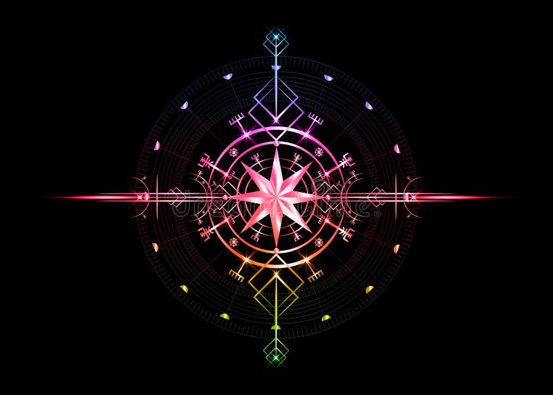 Magic ancient viking art deco, wind rose magic navigation compass ancient. Colorful metallic Compass navigation dial, isolated vector illustration