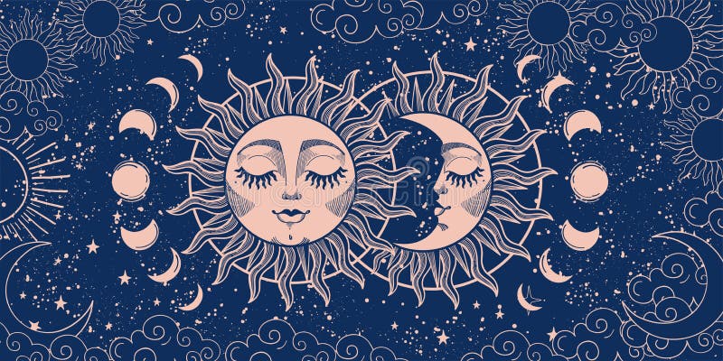 Magic background for tarot, astrology, magic. The device of the universe, crescent moon and sun with a face on a blue background.