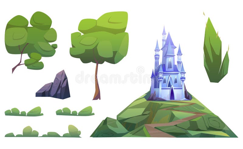 Magic blue castle and landscape elements