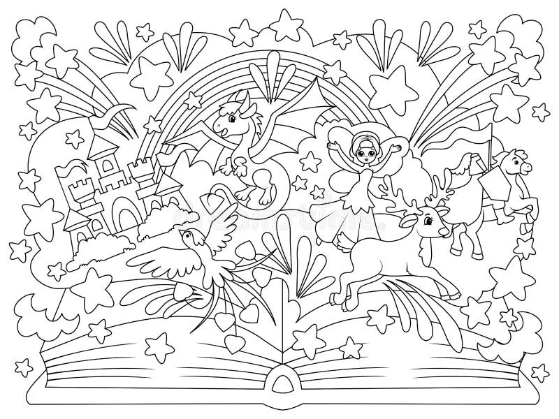 Magic Book of Fairy Tales with Fairy Tale Characters. Coloring Book