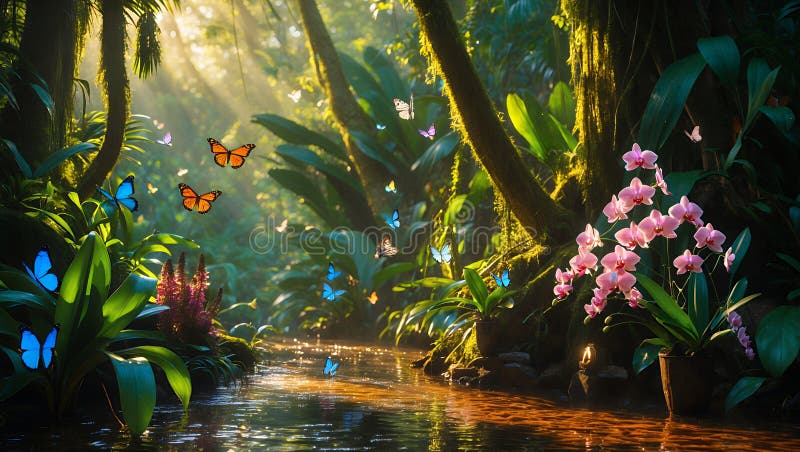 Magic Butterflies and Orchids in a Lush Rainforest Stream royaltyfri illustrationer