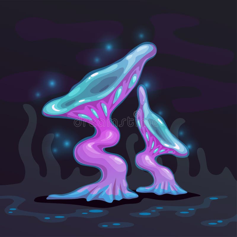 Magic cartoon mushroom. Fantasy alien night plant