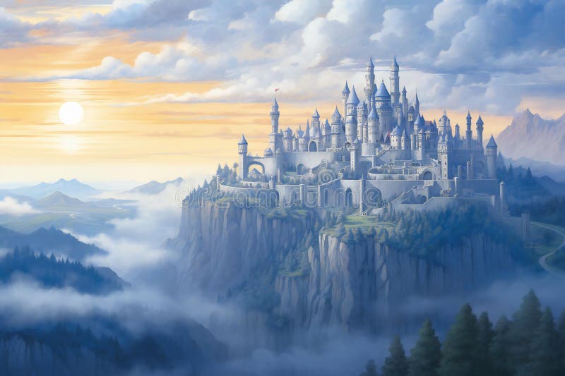 Magic castle in the mountains, Fantasy landscape vector illustration.