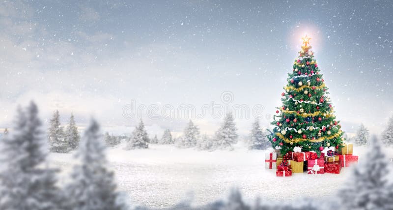 Magic Christmas tree in snow outdoor royalty free stock photos
