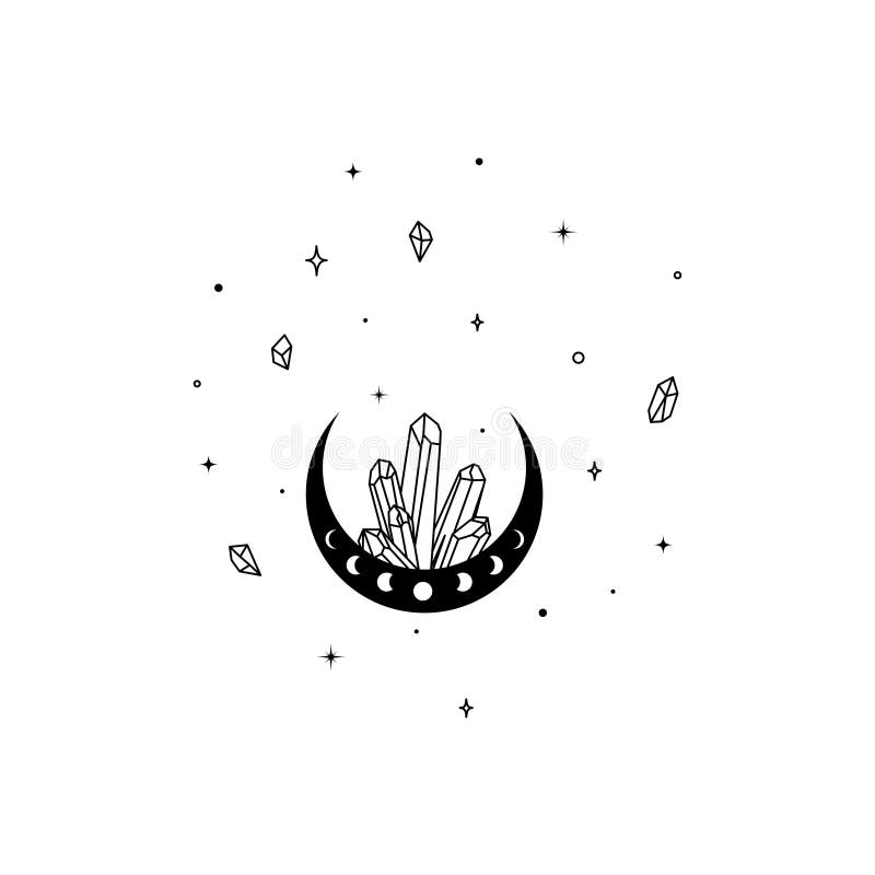 Magic Crescent Moon with Face, Line Drawing Isolated on White ...