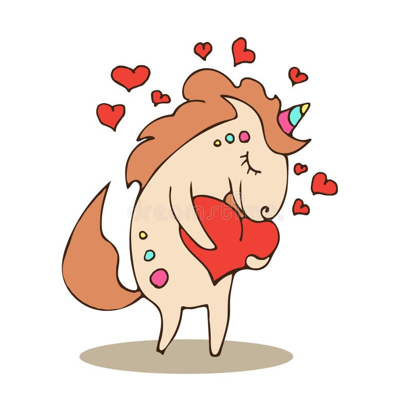 Magic cute unicorn with heart. Happy Valentine`s Day card.