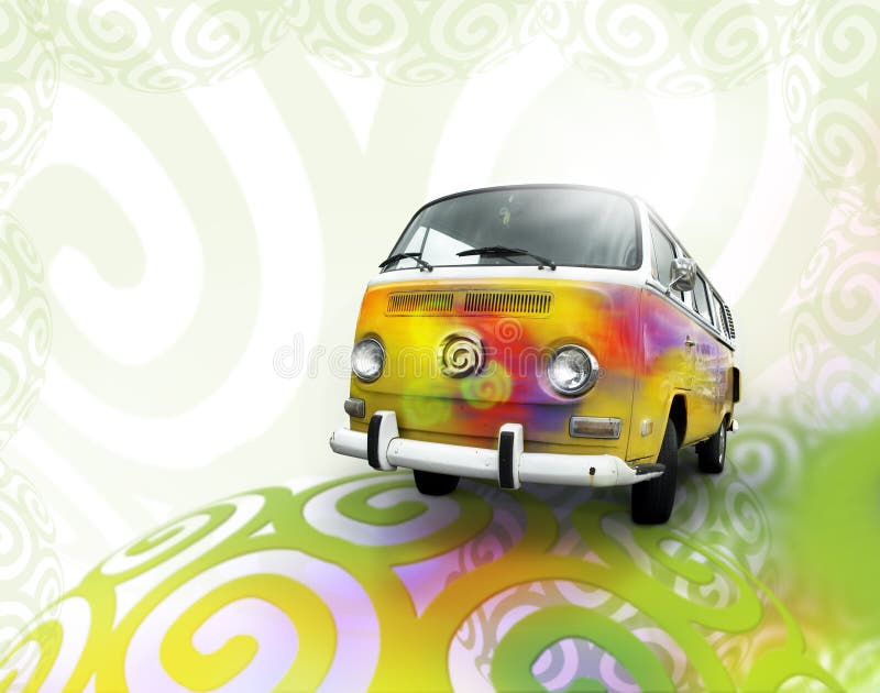 A psychedelic vintage VW van with Dreamstime logo on front. A psychedelic vintage VW van with Dreamstime logo on front.