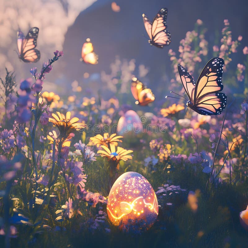 Magic Easter Egg Glowing in Spring Meadow Butterfly art roz soft scene image light vector illustration