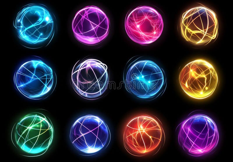 Magic energy sphere isolated on black background. Abstract spark element in blue, violet, yellow and pink colors stock illustration