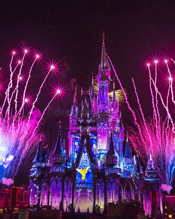 Magic Kingdom Cinderella Castle Blue, Pink and Purple Fireworks Orlando