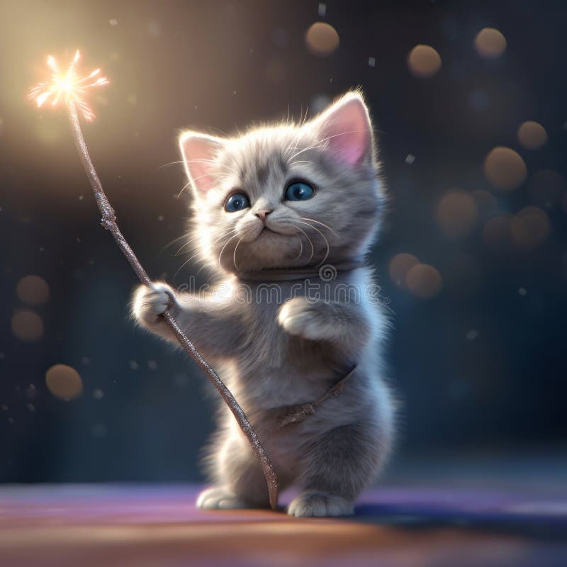 magic kitten with wand , children& x27;s book cover , fairy tales,generated with AI.. High quality photo