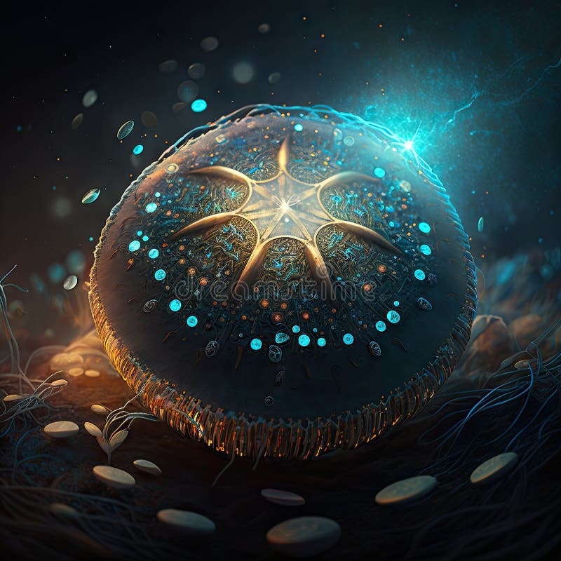 Magic mushroom glowing spores, image stock illustration.
