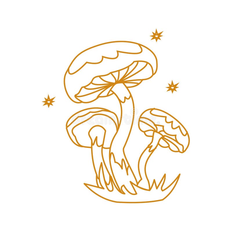 Magic Mushroom and Stars Outline Vector Illustration Stock Vector