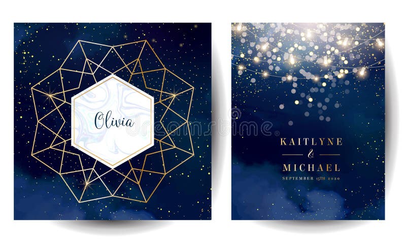 Magic night dark blue cards with sparkling glitter bokeh and line art.