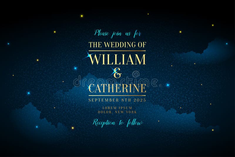 Magic night dark blue sky with sparkling stars vector wedding invitation. Andromeda galaxy. Gold glitter powder splash background. vector illustration