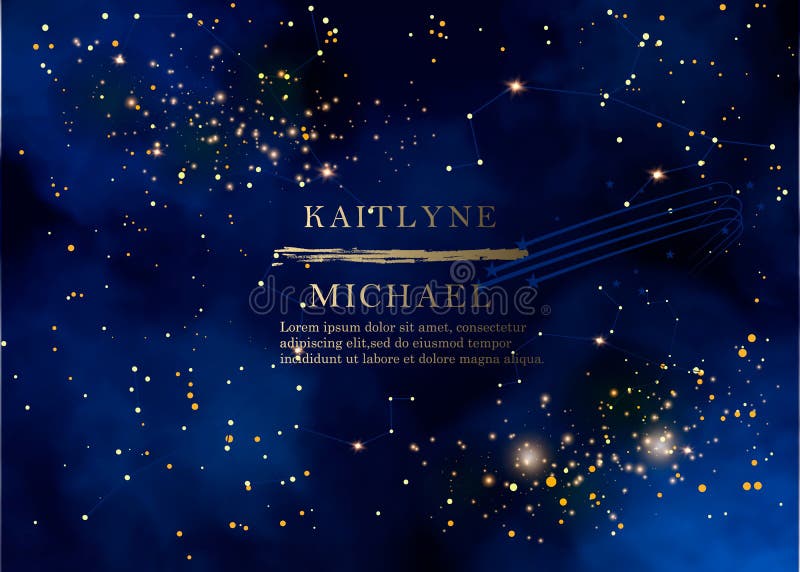 Magic night dark blue sky with sparkling stars vector wedding invitation. Andromeda galaxy. Gold glitter powder splash background