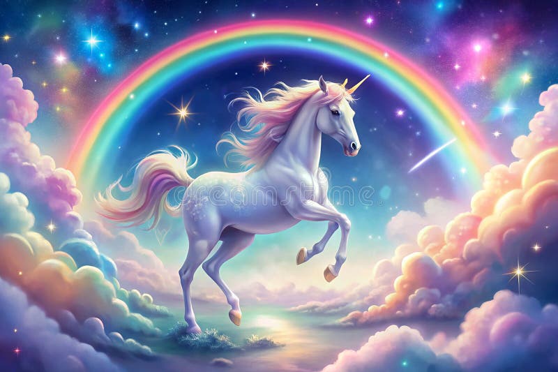 Magic Pastel Unicorn Sky med Rainbow Clouds and Sparkling Stars royaltyfri illustrationer