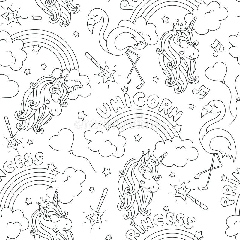 Magic pattern with unicorn and flamingo. Black and white abstract outline seamless pattern. Fashion illustration drawing in modern stock illustration