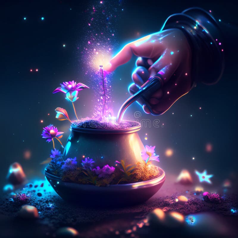 Magic pot with flowers and magic wand. 3d render illustration. AI Generated  AI Generated design for Instagram, Facebook wall painting