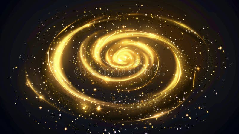 Magic spiral, twist effect with stars and sparkles. Gold swirl of wand isolated on black background. Magician spell stock photos