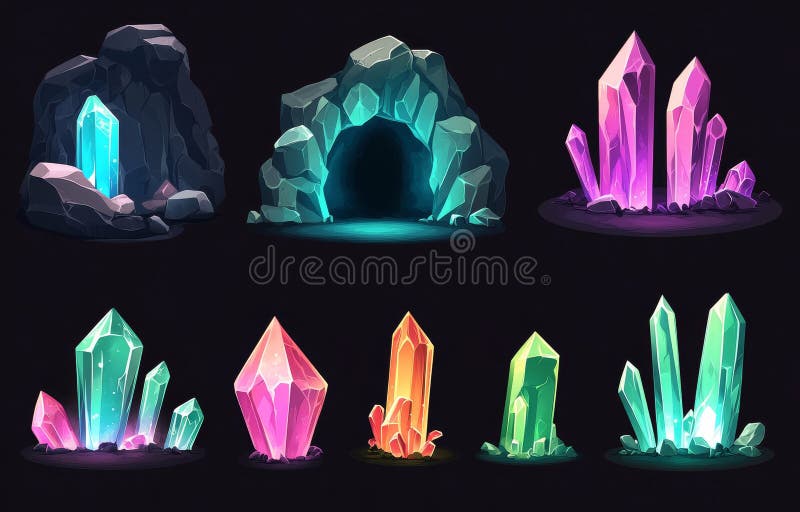 The magic stone portals are set against a dark background. Modern cartoon illustration of fantasy gates illuminated with royalty free stock photography