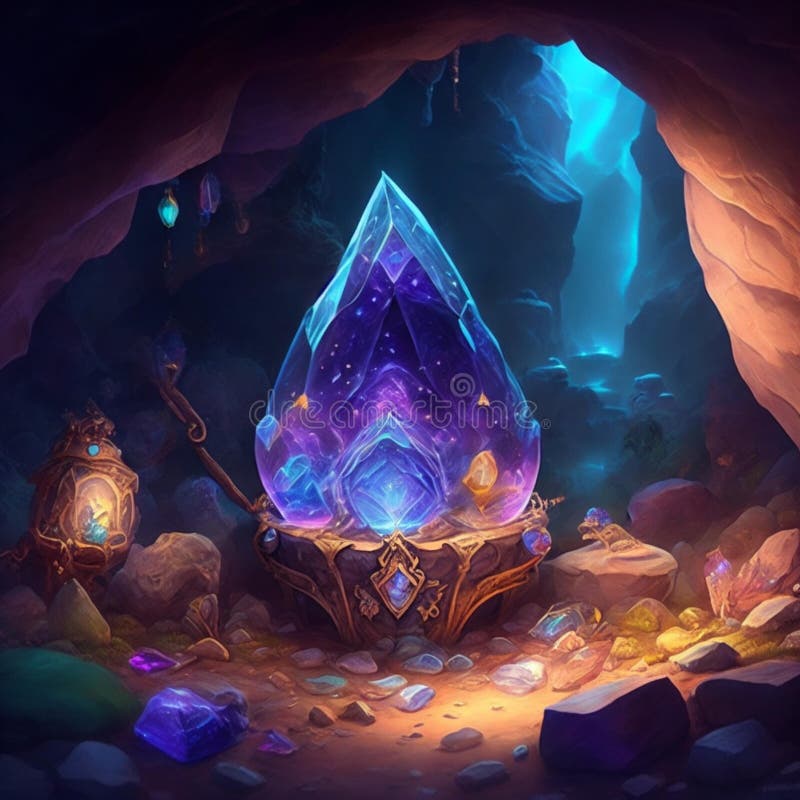 A golden treasure chest with one diamond in the chest have a lot of  treasure and a glowing bule magic stone