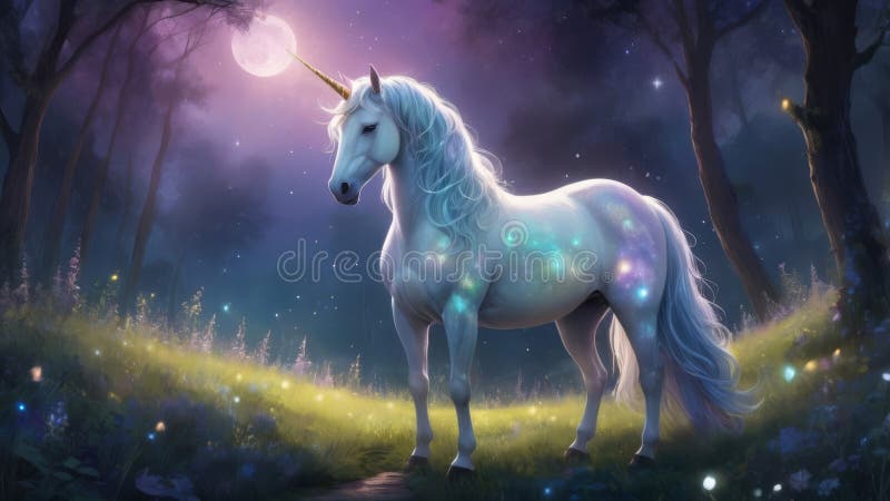 Magic Unicorn i en månbelyst skog vektor illustrationer