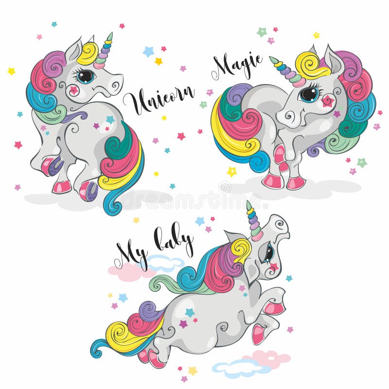 Magic Unicorn Set Fairy Pony Rainbow Mane Cartoon Style Vector