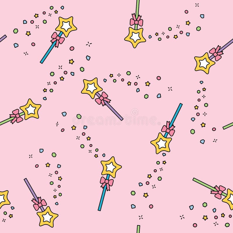 Magic wand seamless pattern with magic sparkles pink pastel background