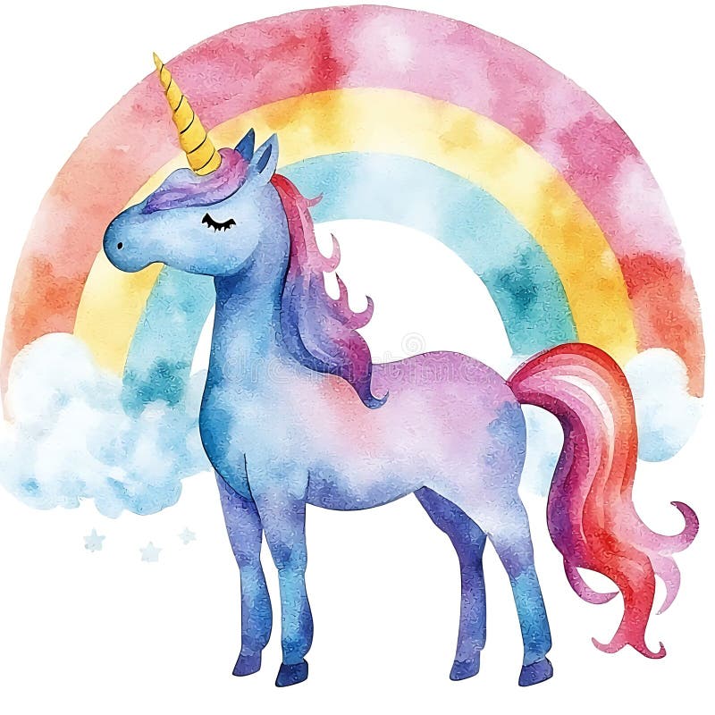 Magisk akvarellen enhörning mot en regnbågsbakgrund - Fantasifull illustration vektor illustrationer