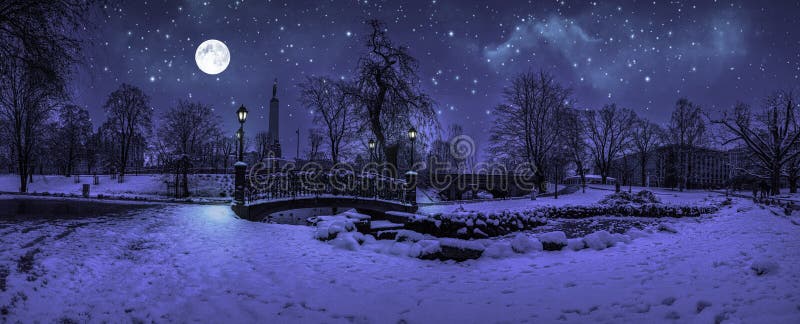 Magic winter night with starry sky and full moon in snowy park with beautiful bridge over small pond, street light and covered in