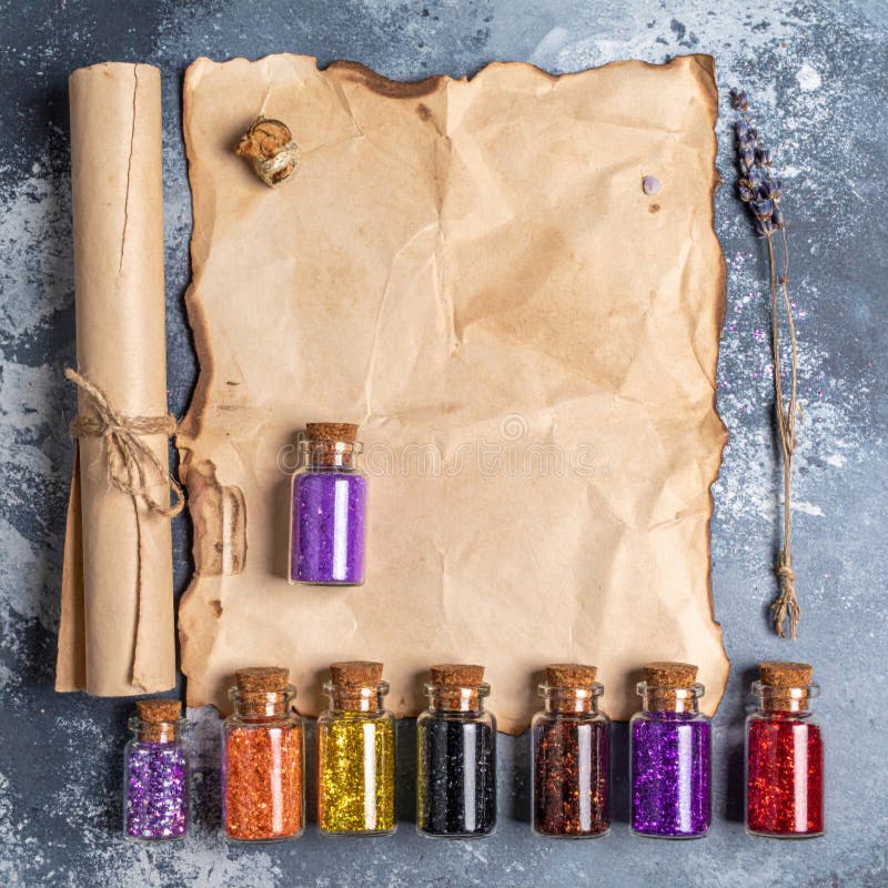 Magical Array of Glitter Filled Bottles with Vintage Paper and Lavender Still life royalty free illustration