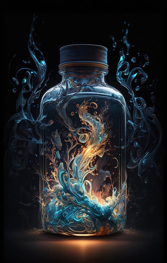 Magical Bottle with Glowing Blue Content on Dark Background Stock