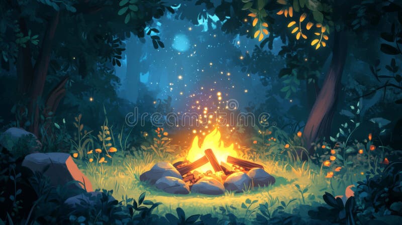 Magical Campfire in a Dark Forest at Night stock illustration