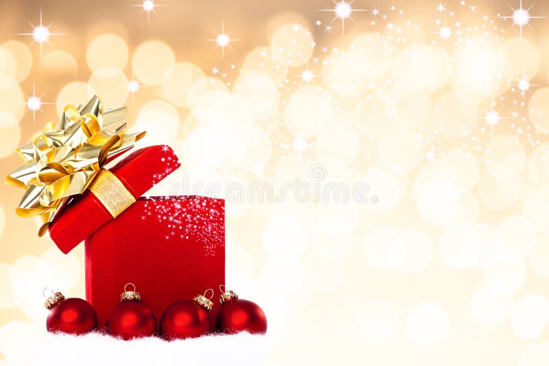 Magical Christmas Gift Background With Red Baubles