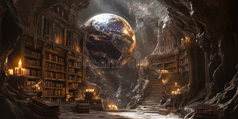 A magical 3D background of an ancient library hidden deep within a mountain. Floating candles royalty free stock photos