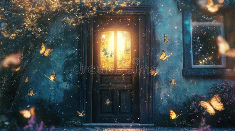 Enchanted doorway with glowing butterflies royalty free stock images