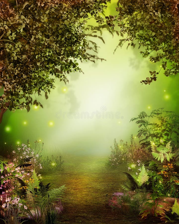 Magical enchanting forest opening with a heavenly light stock illustration