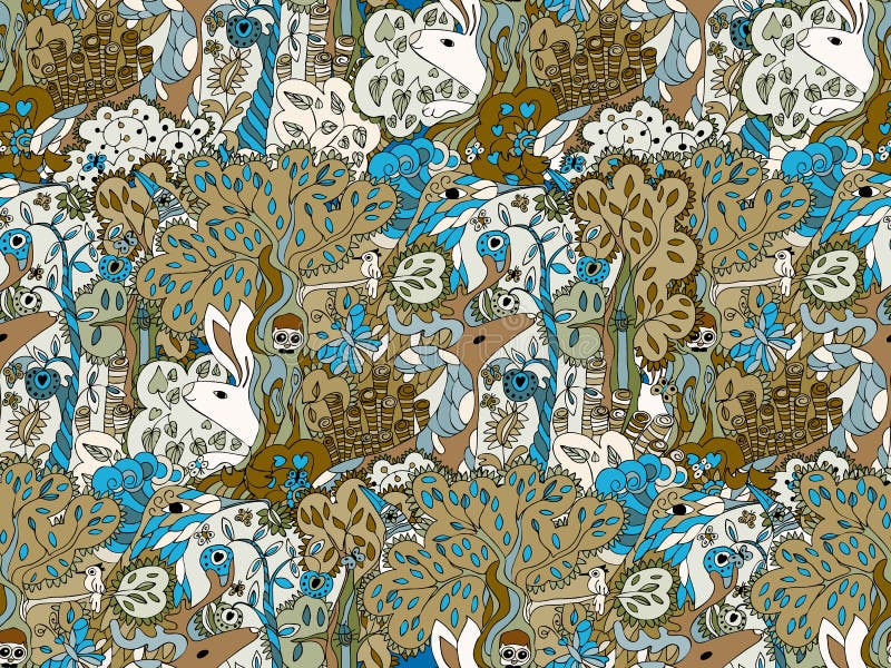 Magical fairy forest. Seamless vector pattern. fabulous animals deer owl, a bird in Doodle style vector illustration Magical fairy forest. Seamless vector pattern. fabulous animals deer owl, a bird in Doodle style vector illustration