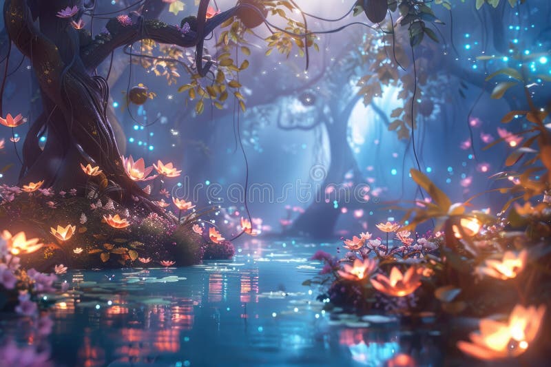 Immerse in the enchanting ambiance of a mysterious fairy garden, lit by a magical stream AIG59