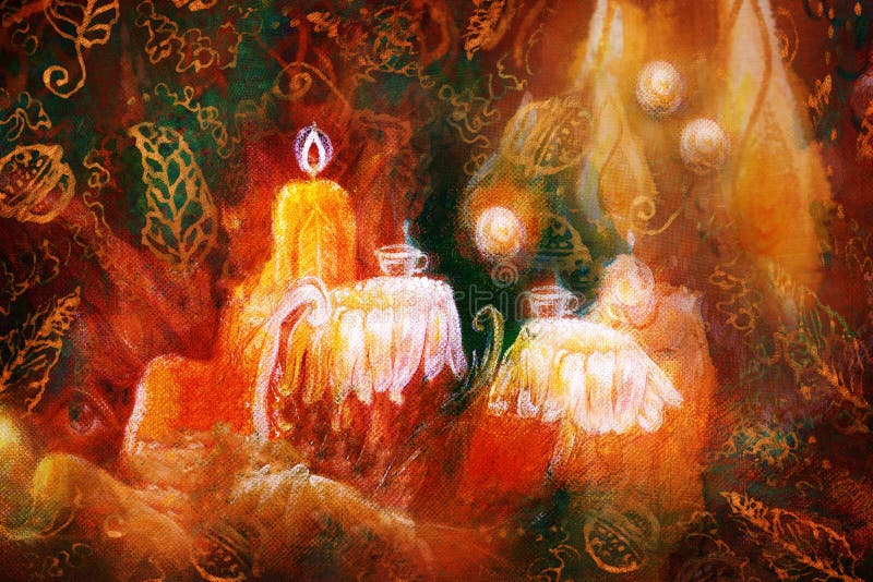 Magical fairy teatime table setting composed of flowers with floating lights and moos structure royalty free illustration