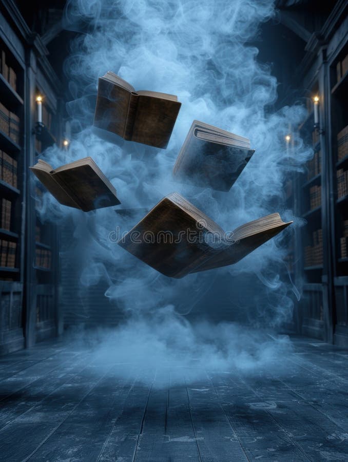 Magical floating books in a misty library vector illustration